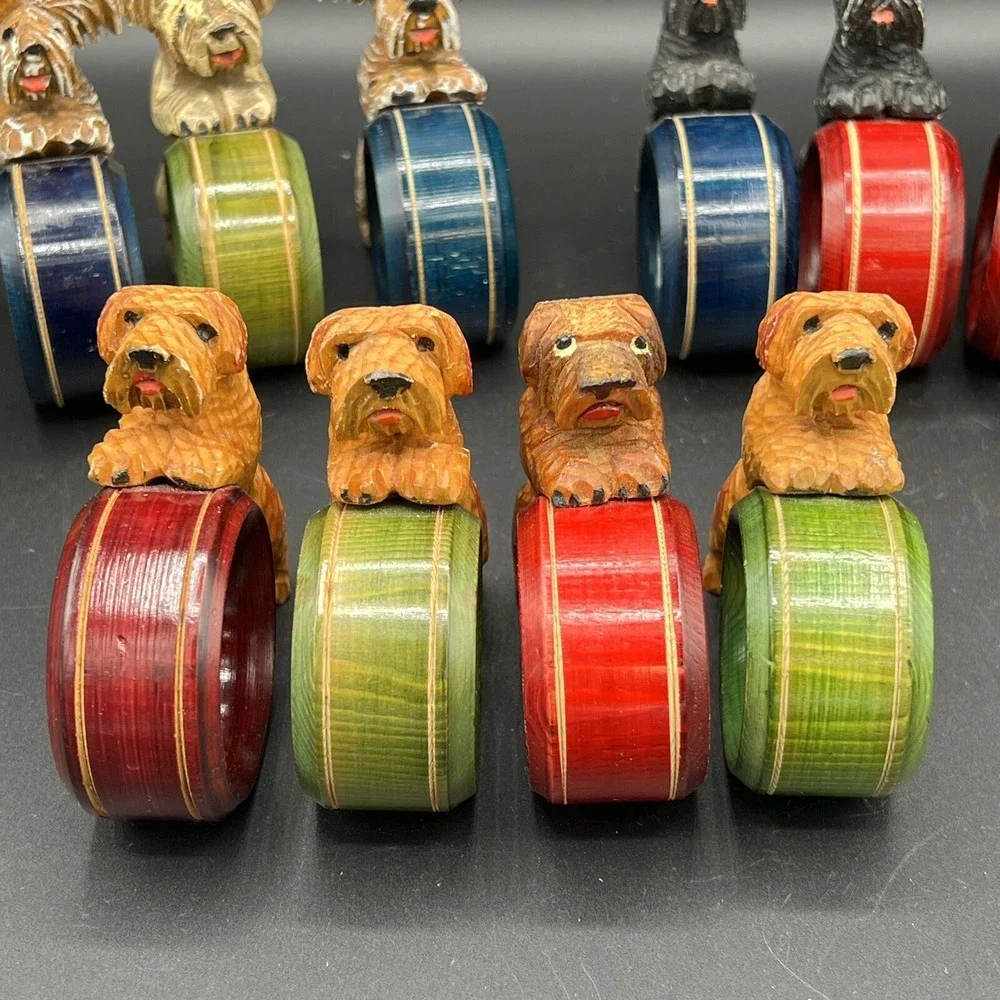 Terrier or Shih Tzu Puppy Dog Napkin Rings Wooden Red & Green Rings Set Of 4